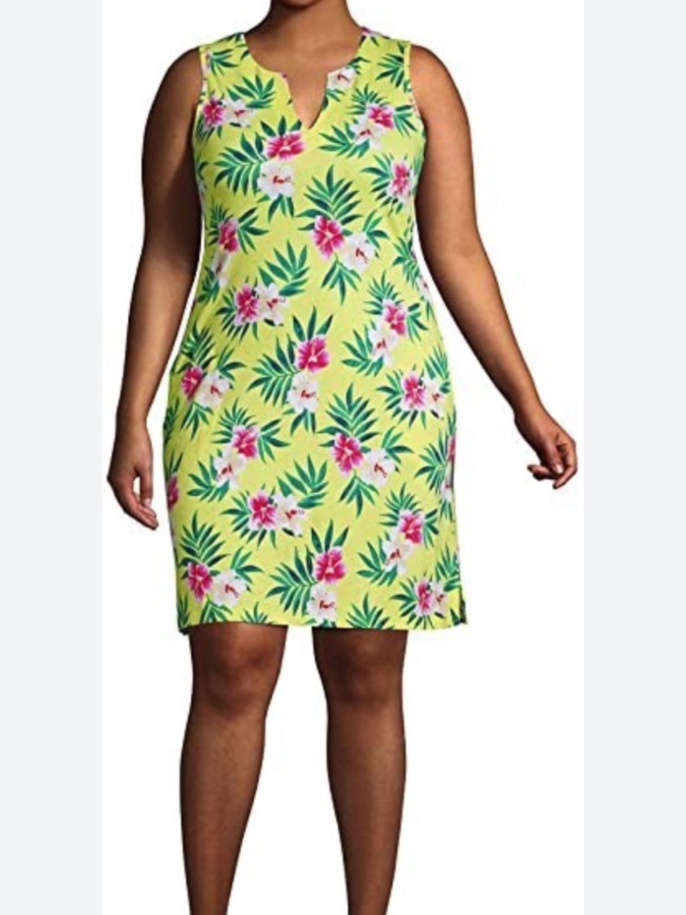 Lands End 10/12 Tropical Floral Shift Sleeveless Dress Yellow Pink Casual Vacay